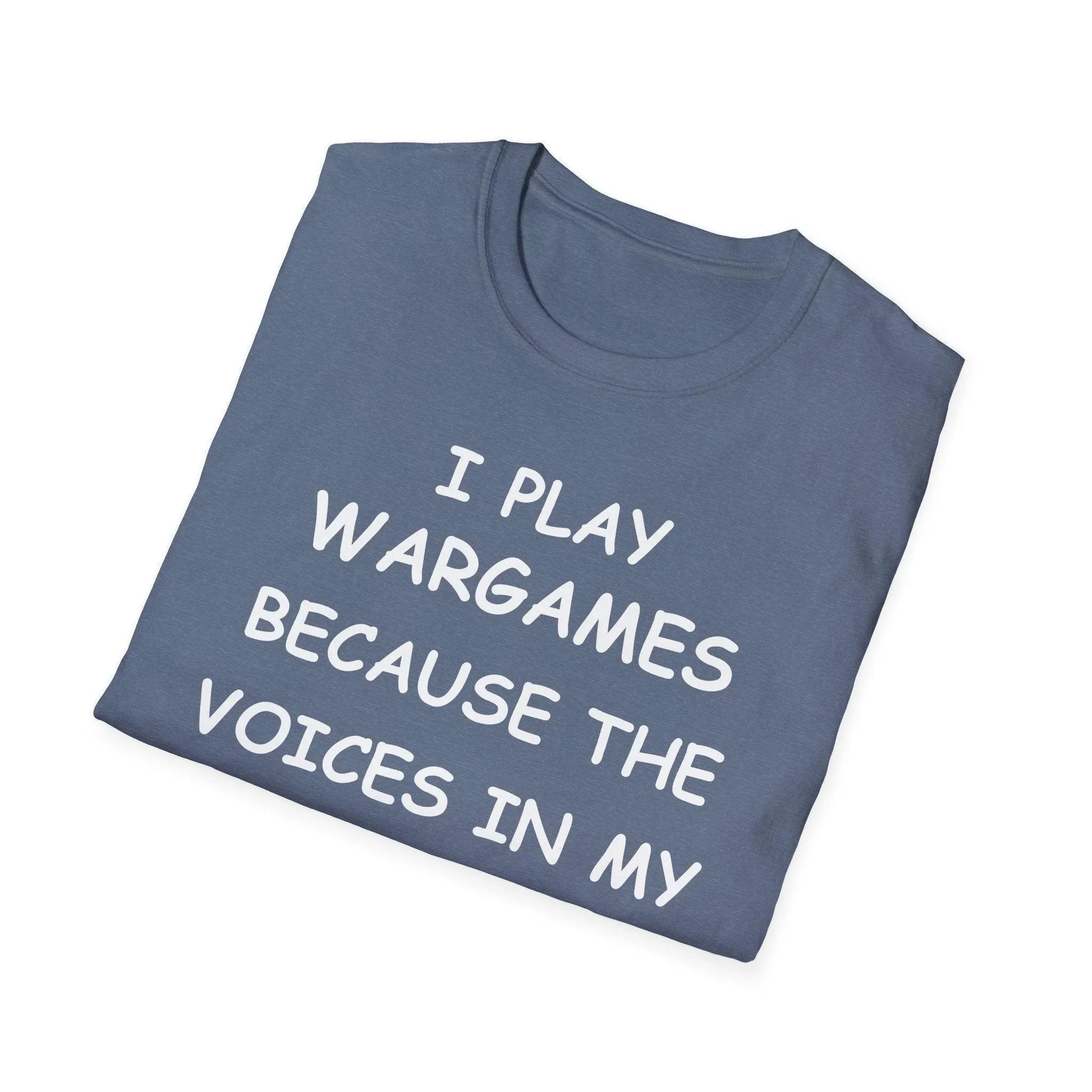 Close-up of the soft cotton fabric and subtle white color stitching along the crew neckline of the I Play Wargames T-shirt