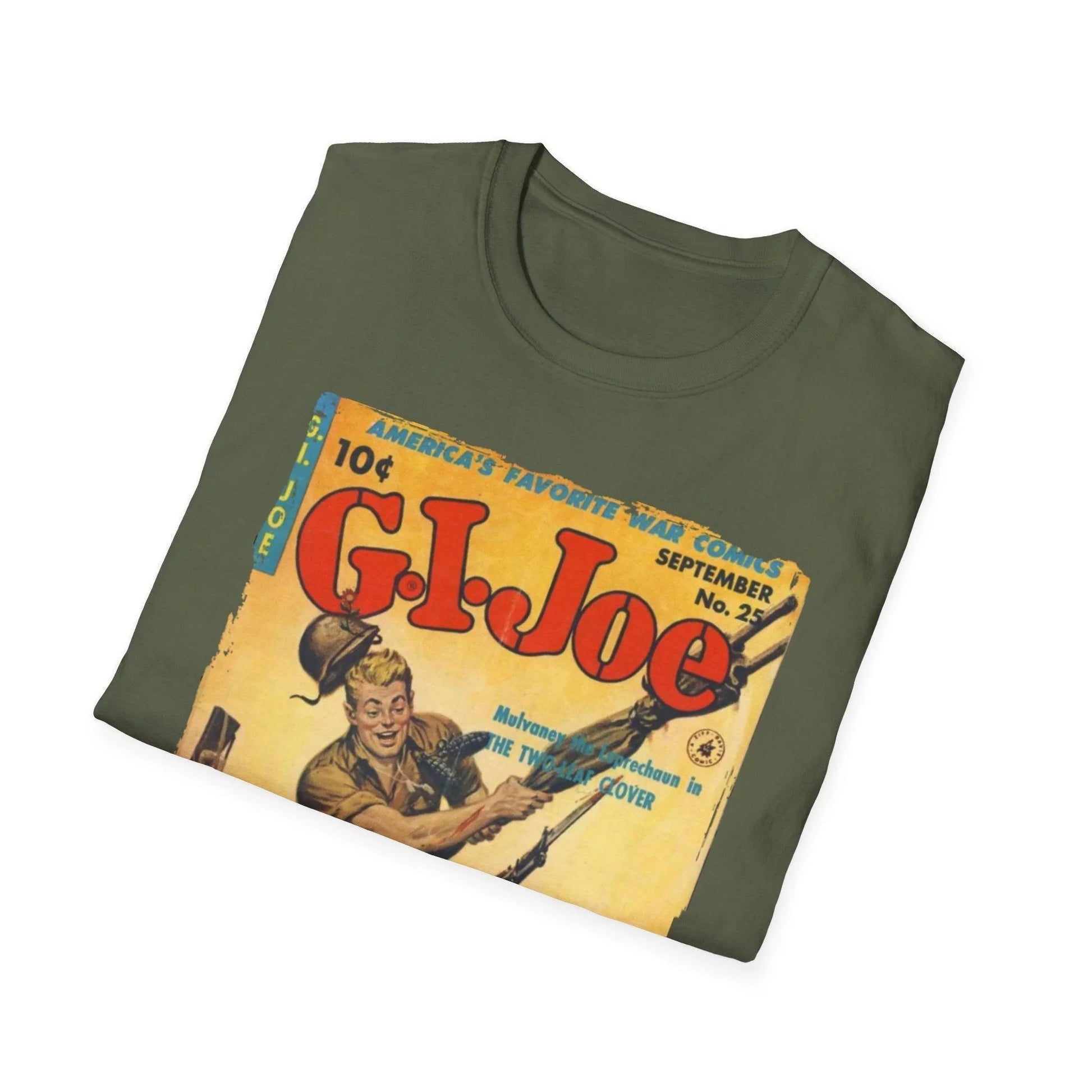 Close-up of the G.I. Joe No.25 softstyle T-shirt's subtle heather fabric texture and relaxed fit at the sleeve edge.