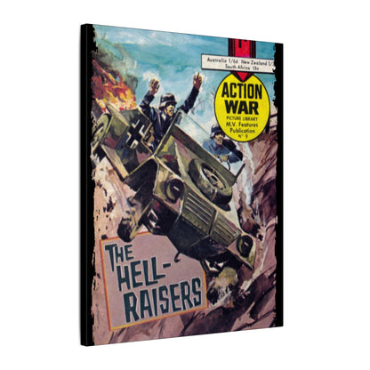 Close-up of vibrant comic book cover art featuring dynamic action scenes and bold color details on the canvas print.
