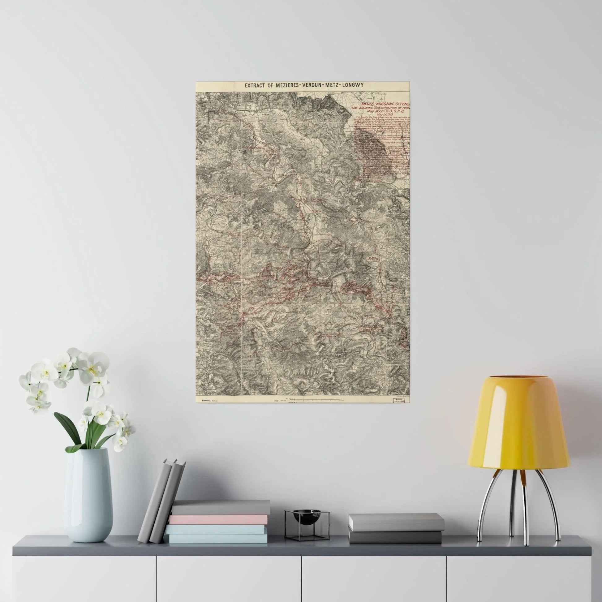 Close-up of map room's textured canvas surface highlighting aged ink detailing and subtle fold lines, showcasing historical