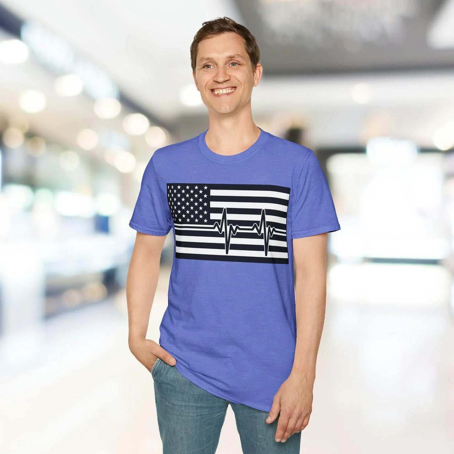 Close-up of the black-and-white American flag heartbeat design highlighting the crisp graphic detail on the soft cotton