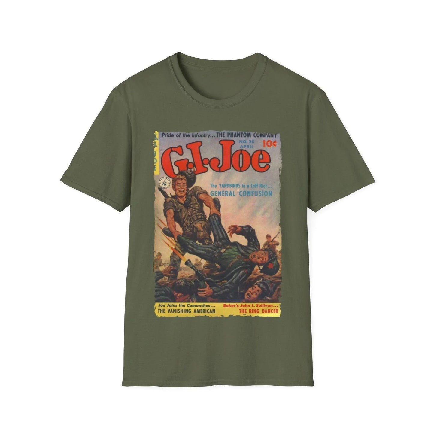 Close-up of the G.I. Joe No.20 unisex softstyle T-shirt's neckline and front seam in vibrant red color, showcasing smooth