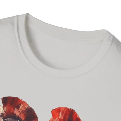 Close-up of the unisex softstyle black T-shirt fabric showing subtle heather texture and reinforced crew neckline stitching.