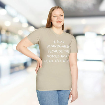 Close-up of the white unisex softstyle fabric with subtle stitching detail and relaxed fit neckline shown from a low-angle