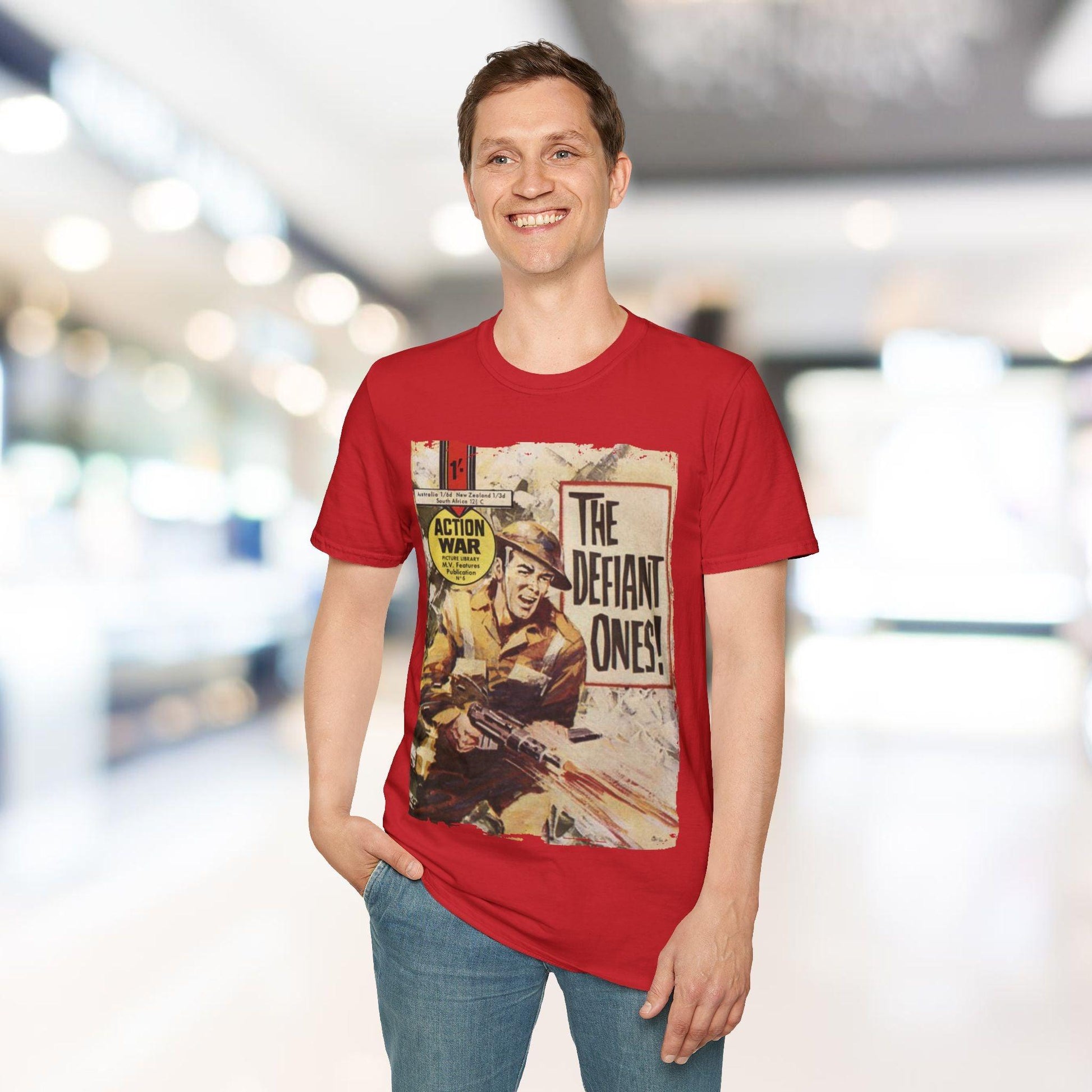 Close-up of the unisex softstyle T-shirt's vibrant red fabric with visible fine knit texture and contrasting white stitching