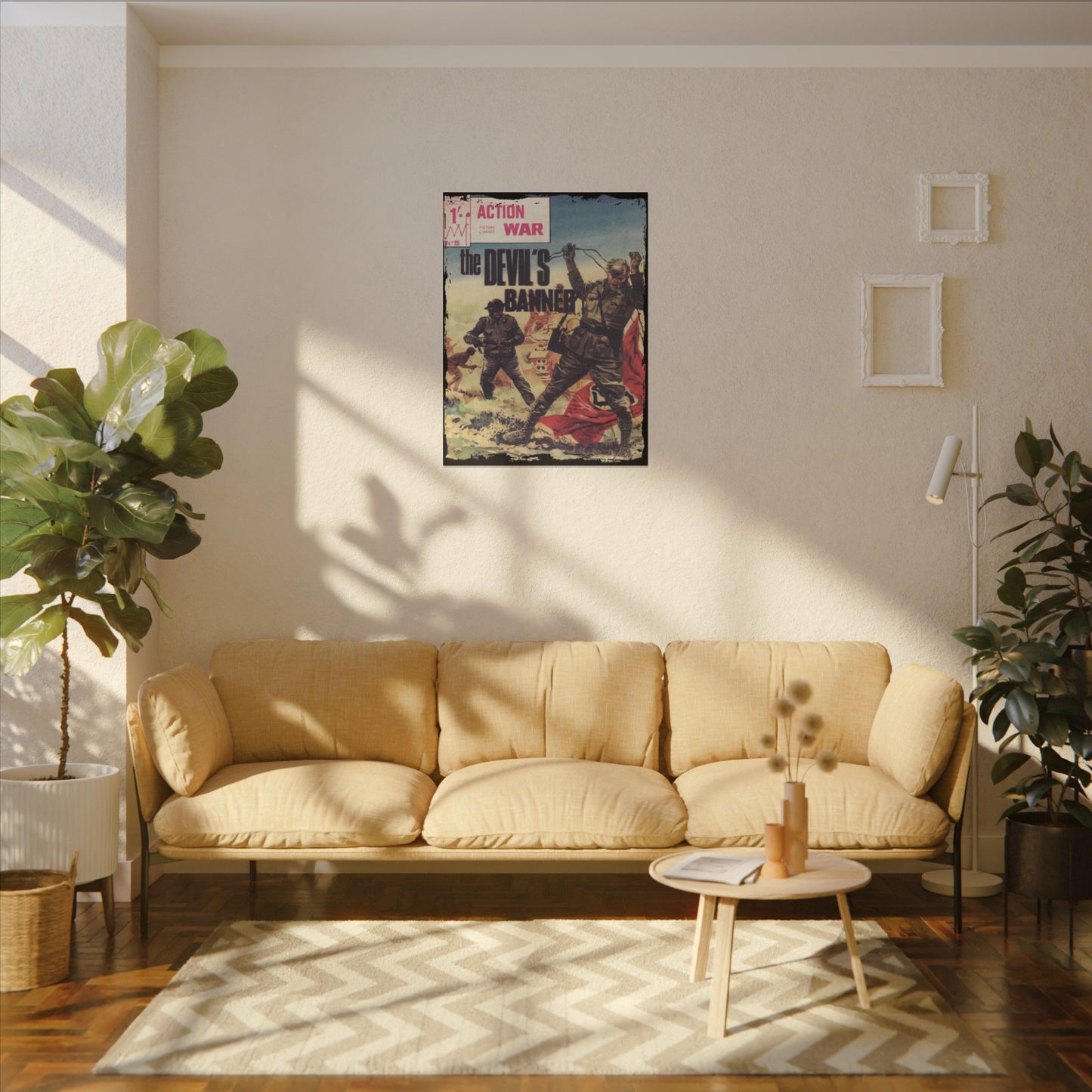 Close-up of the Action War #19 canvas edge showing vibrant color stitching and textured fabric weave detail.