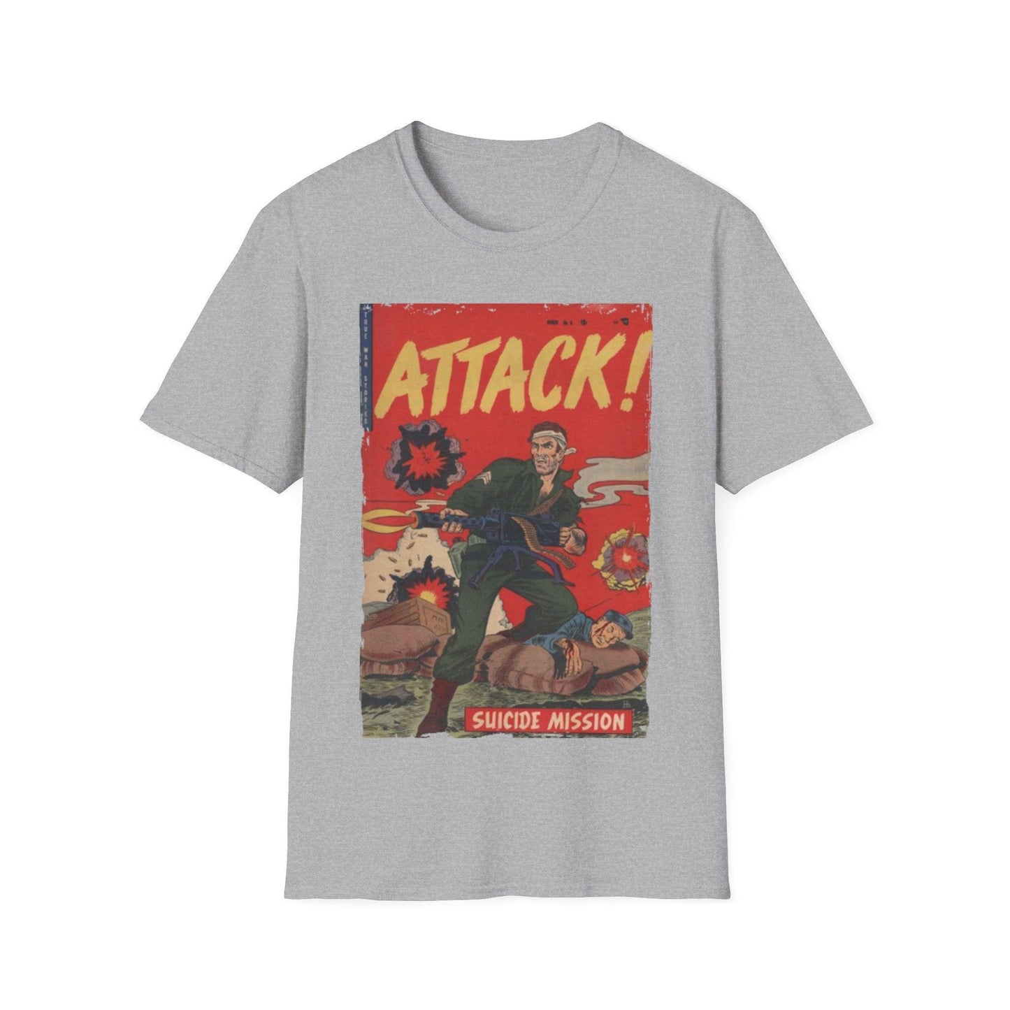Close-up of the Attack! No. 6 unisex softstyle T-shirt's fabric showing its smooth, relaxed fit and vibrant navy color with