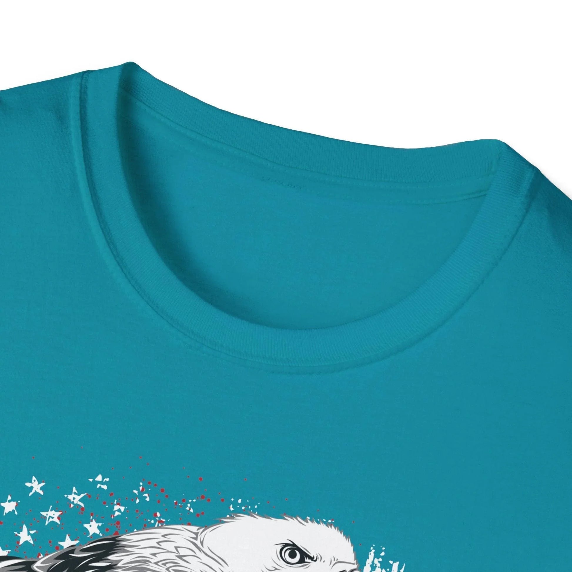 Close-up of the American Veteran unisex softstyle T-shirt's relaxed fit and vibrant olive green fabric featuring subtle