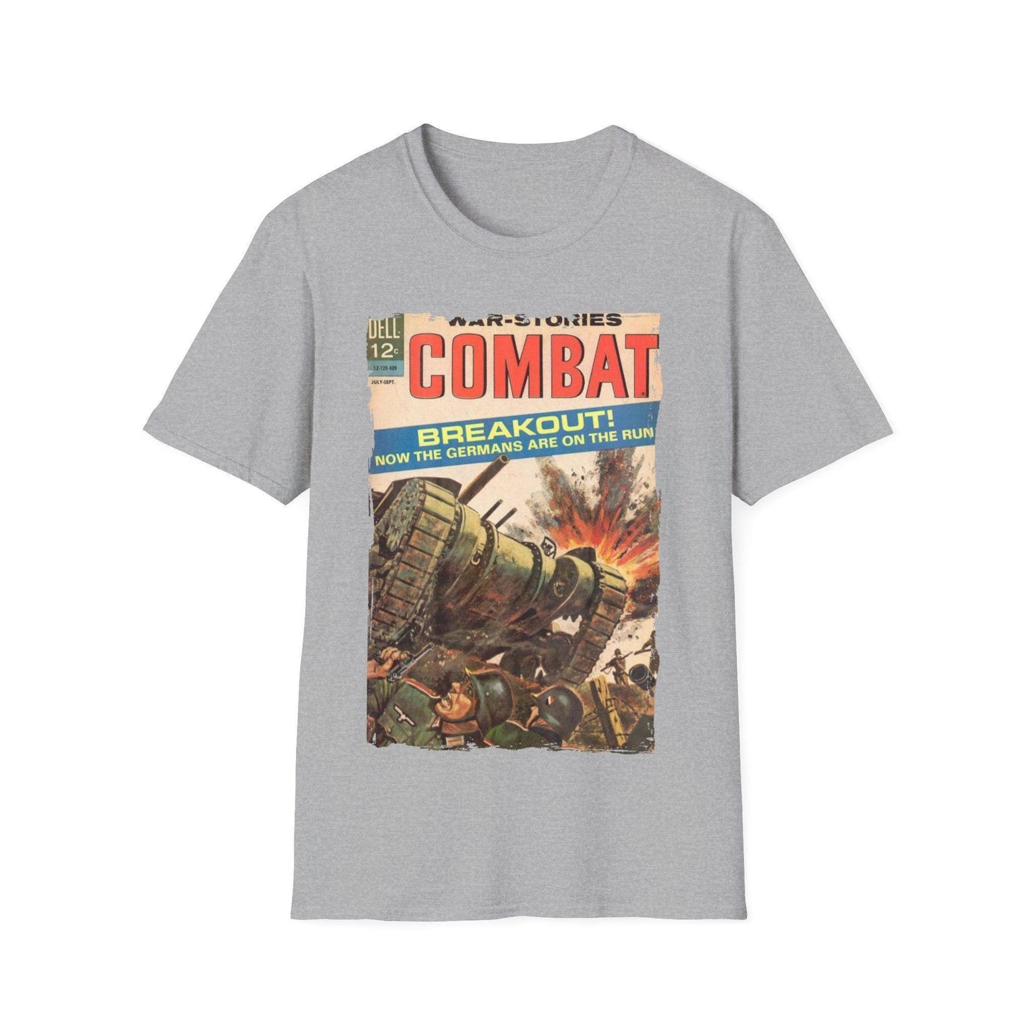 Close-up of the Combat Sept 1964 unisex softstyle T-shirt neckline and sleeve seam in black cotton blend fabric, showcasing