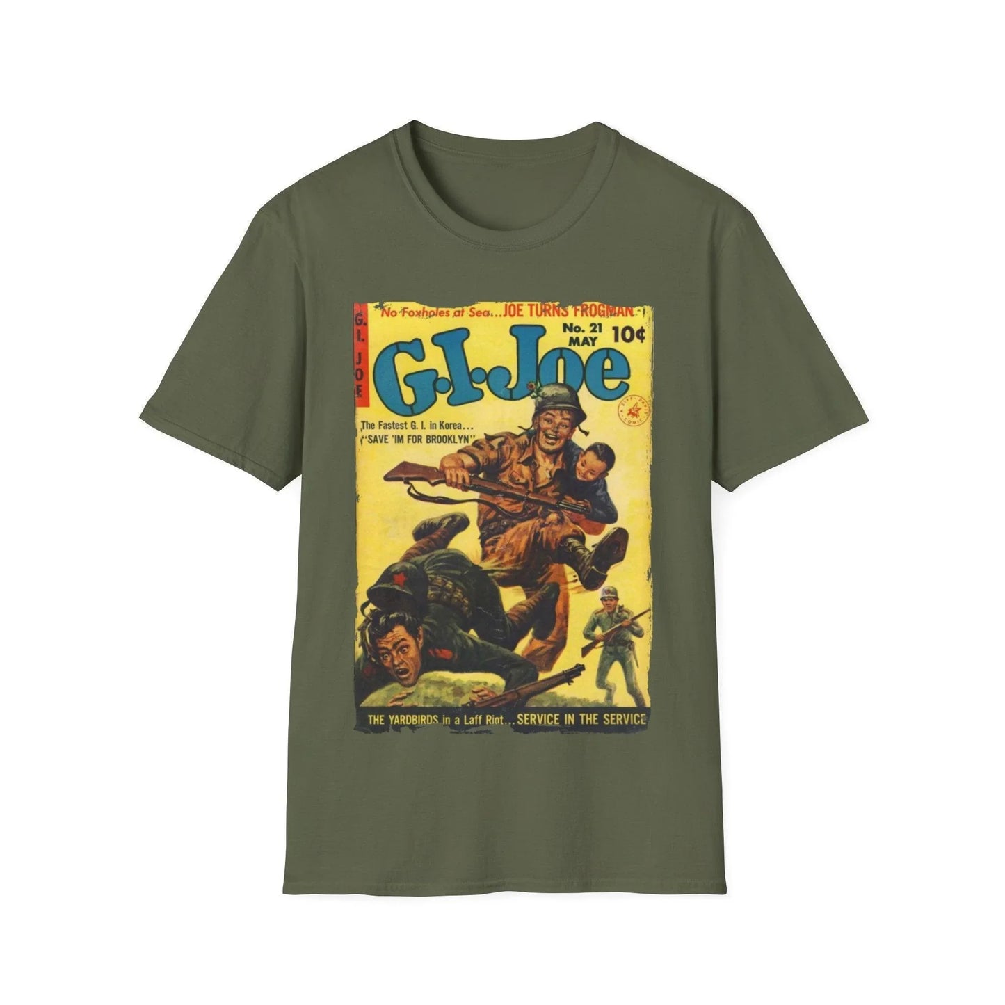 Close-up of the G.I. Joe No.21 unisex softstyle T-shirt's collar and front graphic detailing, showing the seamless neckline