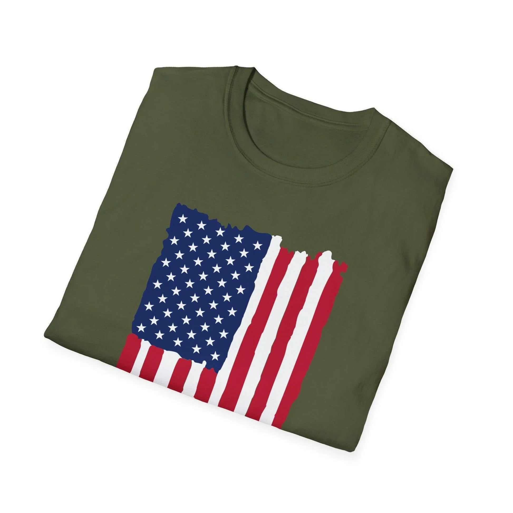 Close-up of the distressed vertical American flag graphic on the soft, relaxed-fit unisex T-shirt’s chest area displaying
