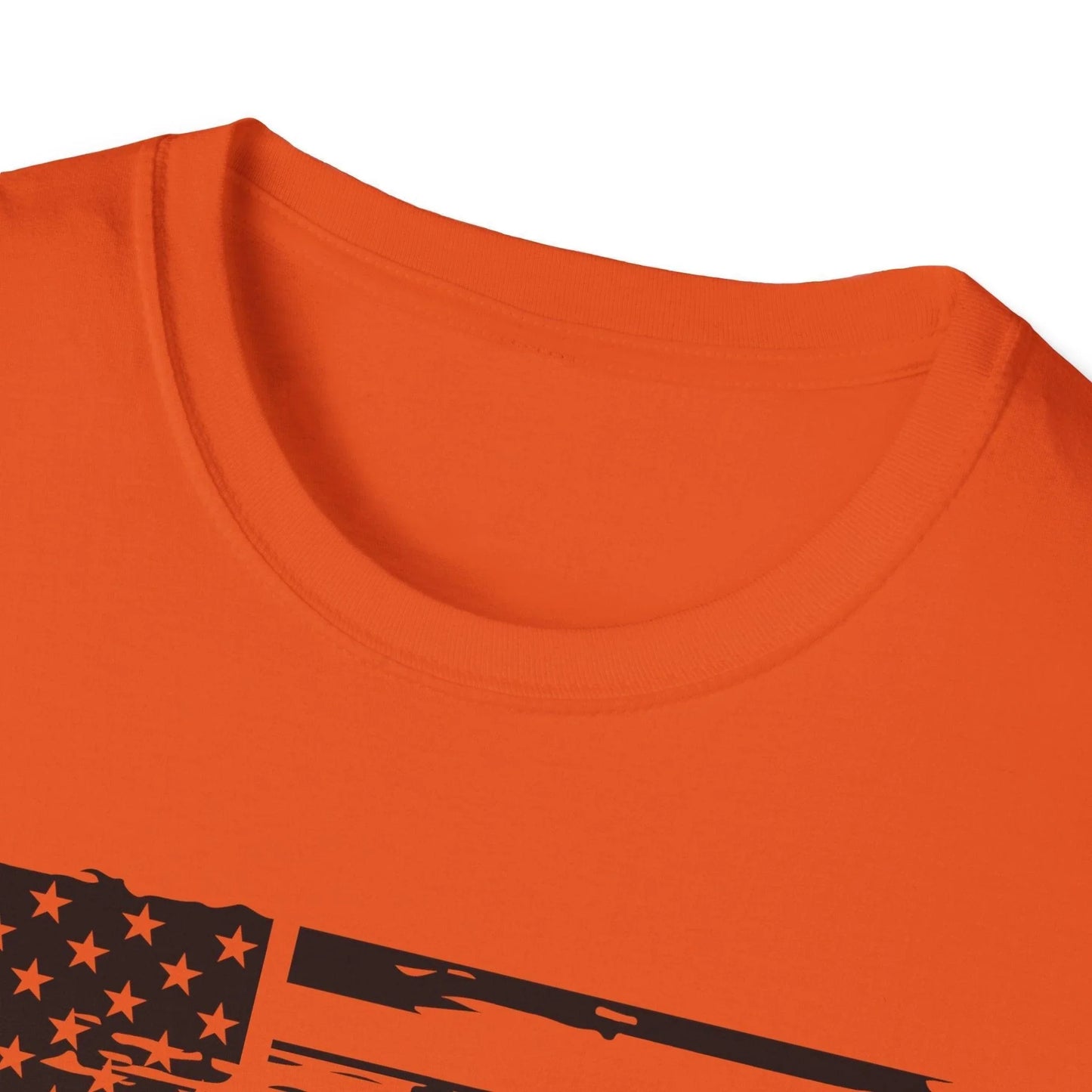 Close-up of distressed American flag black and white graphic print on soft, slim-fit unisex T-shirt emphasizing fabric