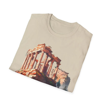 Close-up of the unisex softstyle T-shirt fabric showing smooth texture in rich charcoal color with subtle stitching details