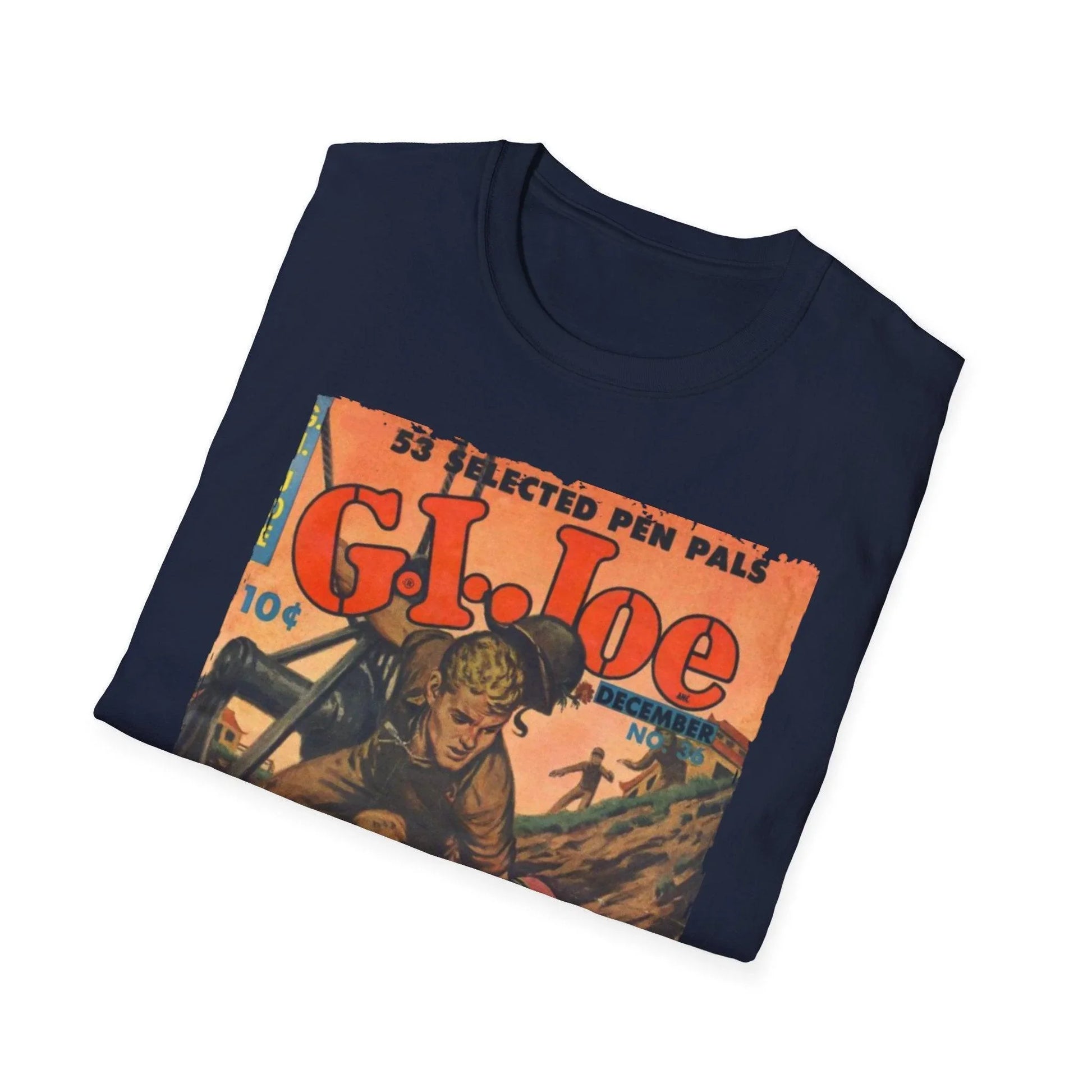 Close-up of the G.I. Joe No.36 softstyle T-shirt’s vibrant navy fabric highlighting smooth, lightweight cotton blend texture