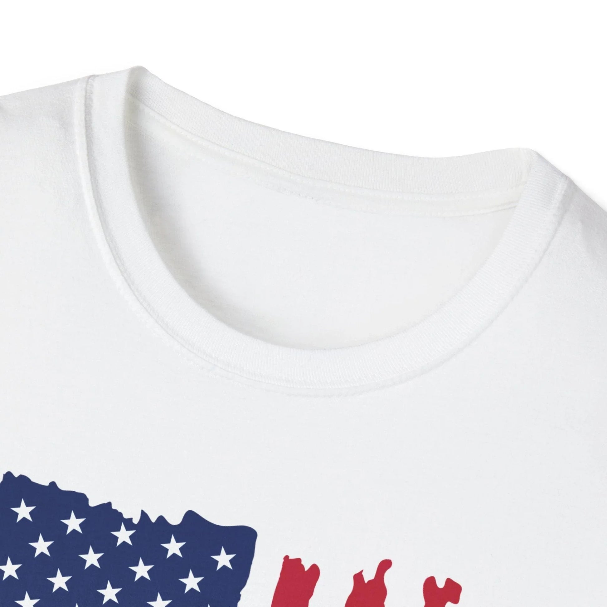 Close-up of distressed vertical American flag design on soft cotton fabric showcasing vibrant red, white, and blue colors