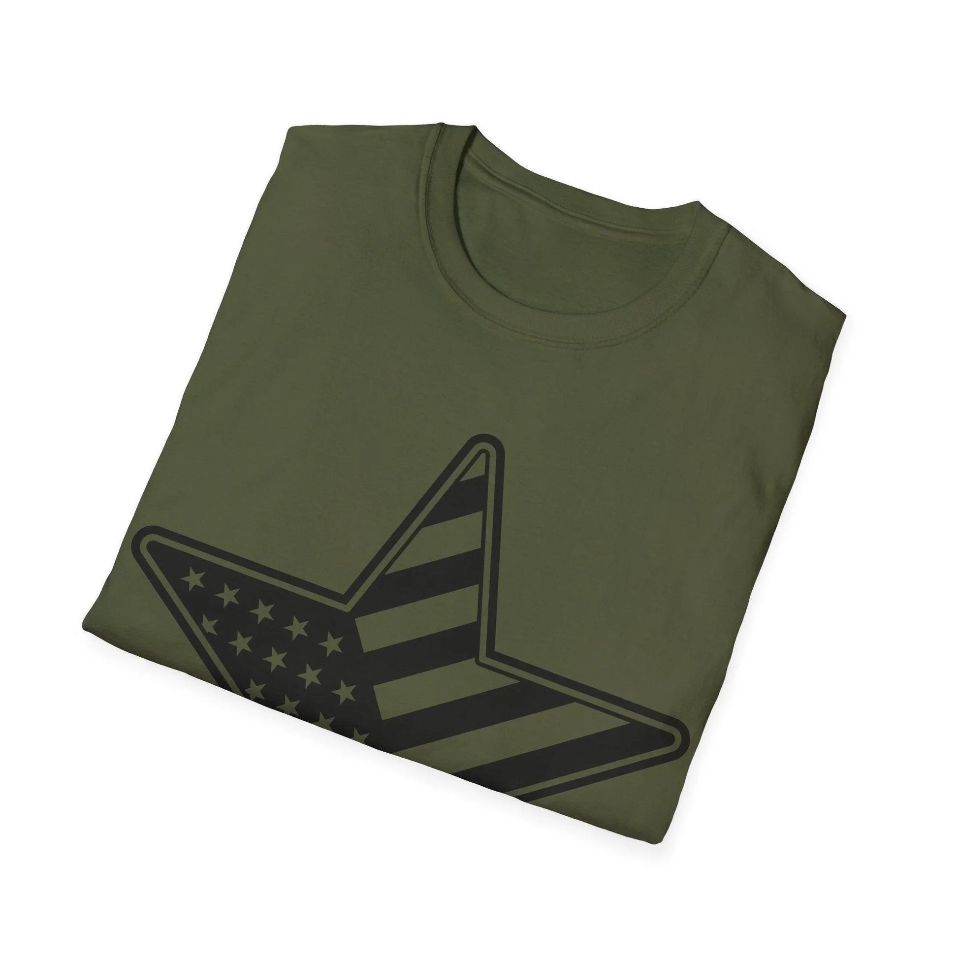 Close-up of the black and white American flag star graphic on the chest of the relaxed-fit, crew neck softstyle T-shirt
