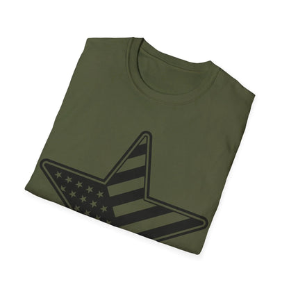 Close-up of the black and white American flag star graphic on the chest of the relaxed-fit, crew neck softstyle T-shirt