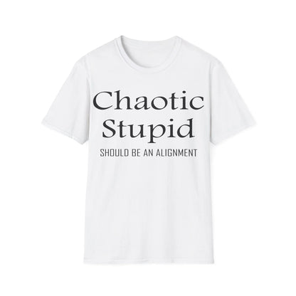 Printify black unisex regular fit cotton crew neck T-shirt with "Chaotic Stupid" alignment graphic