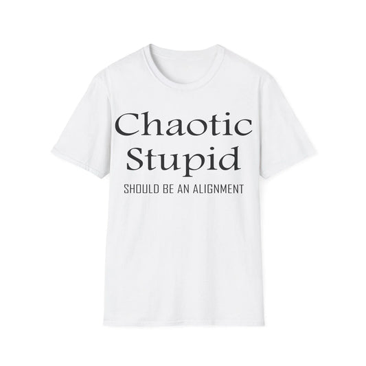 Printify black unisex regular fit cotton crew neck T-shirt with "Chaotic Stupid" alignment graphic