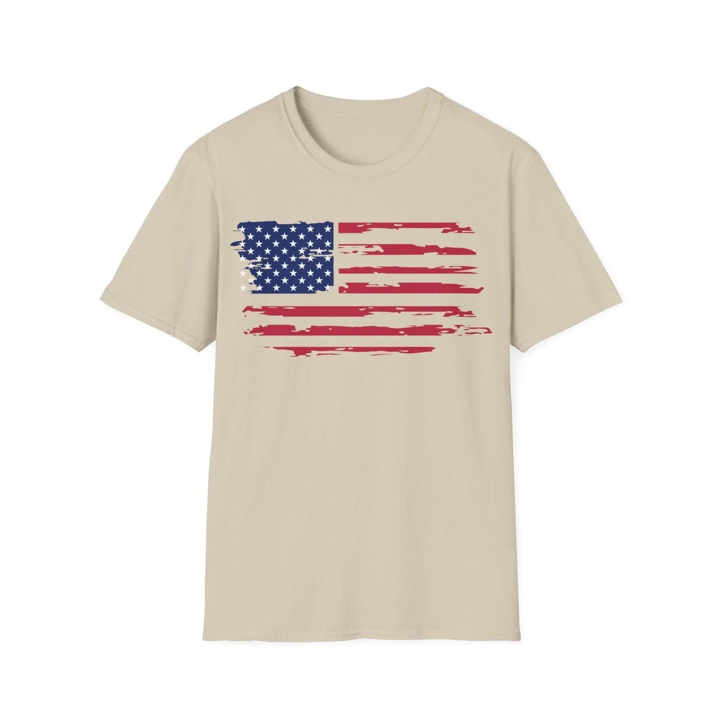 Close-up of distressed American flag pattern with faded colors and frayed edges on the soft cotton fabric of the unisex