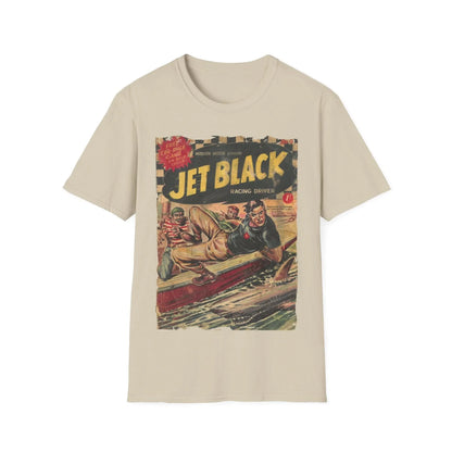 Close-up of the Jet Black No.5 unisex softstyle T-shirt neckline showcasing sewn-in label and smooth fabric texture at the