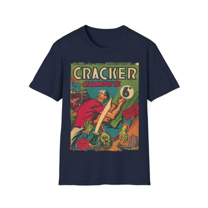 Close-up of the Cracker 1943 T-shirt's subtle fabric weave and relaxed fit, showcasing the heathered dark gray color and