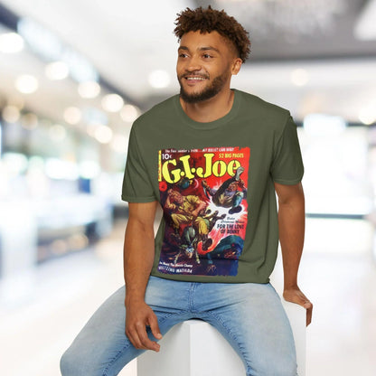 Close-up of the G.I. Joe No.11 softstyle T-shirt’s fabric weave and subtle heather texture in olive green from a slightly