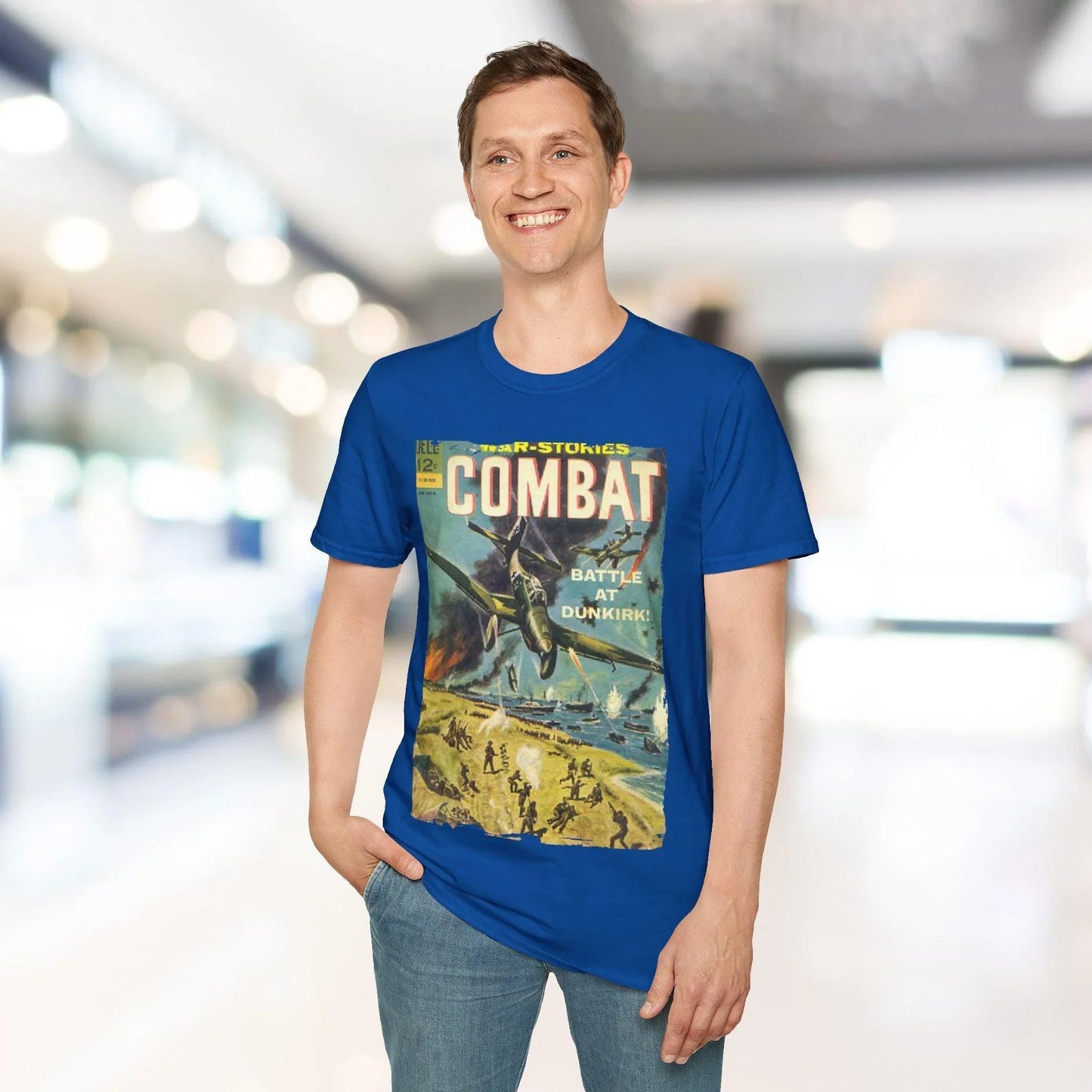 Close-up of the Combat March 1965 graphic printed on the front chest area of the unisex softstyle T-shirt in black