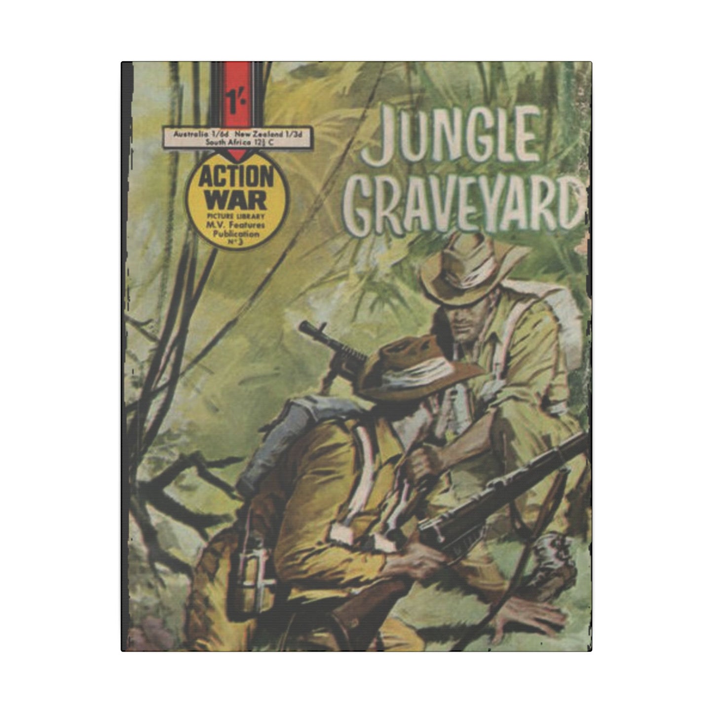 Close-up of the textured canvas surface featuring subtle brushstrokes and vibrant color blending for the Action War #3 print.