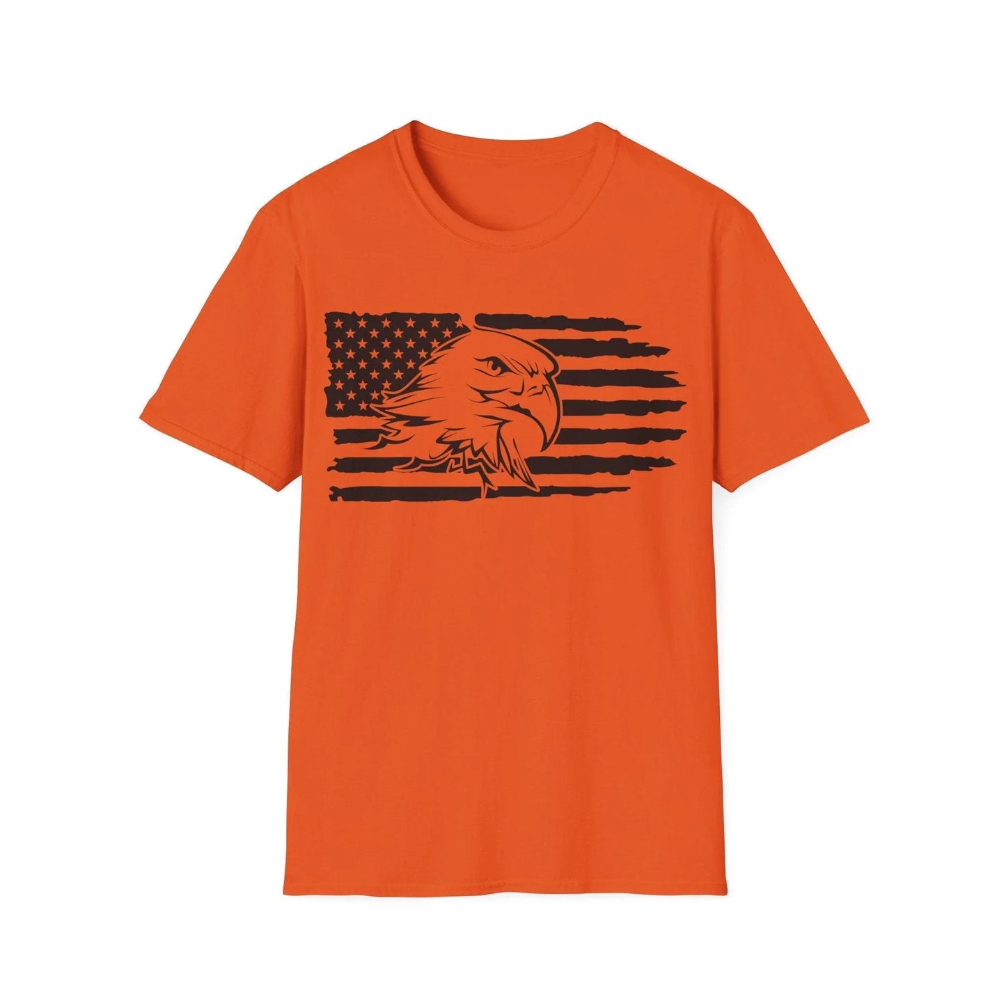 Close-up of distressed fabric texture and bold black-and-white American flag eagle print on chest of unisex softstyle