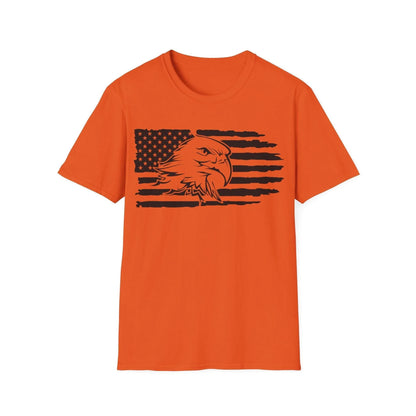 Close-up of distressed fabric texture and bold black-and-white American flag eagle print on chest of unisex softstyle