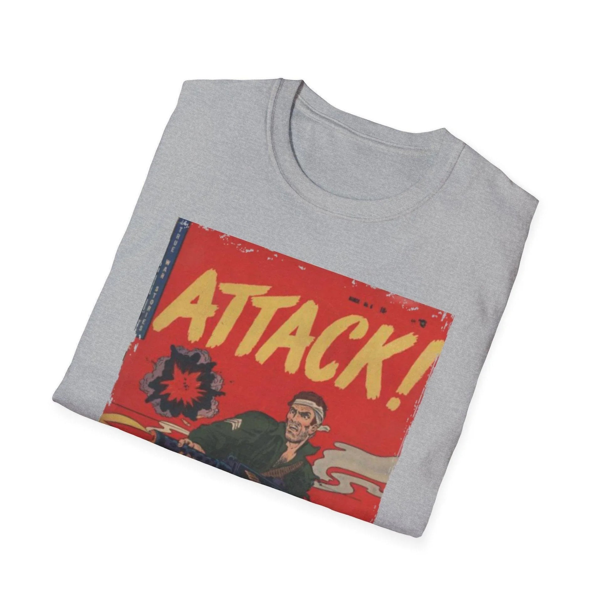 Close-up of the Attack! No. 6 unisex softstyle T-shirt label stitched on light blue cotton fabric with subtle texture visible