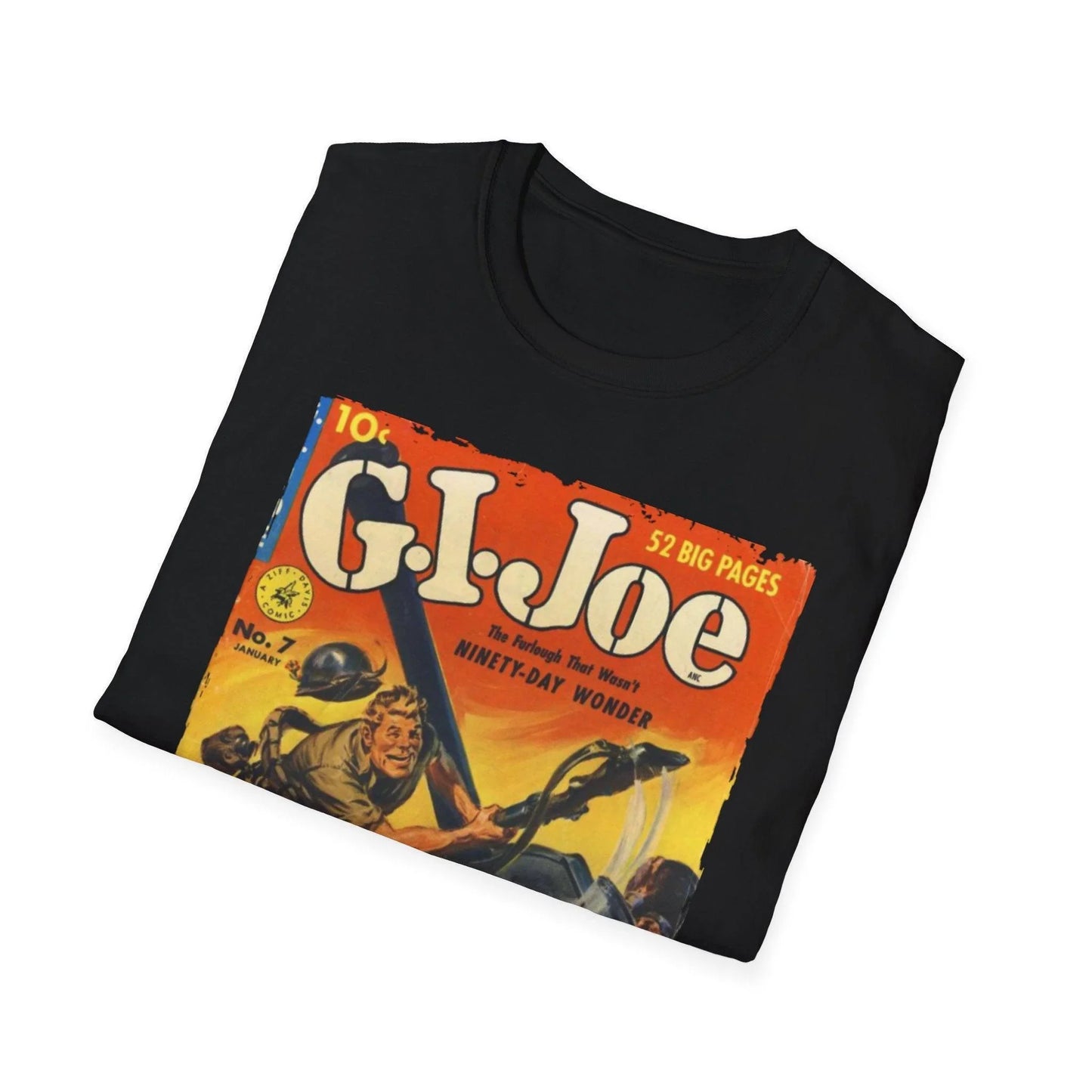 Close-up of the G.I. Joe No.7 softstyle T-shirt’s vibrant navy color with visible stitching along the crew neckline and