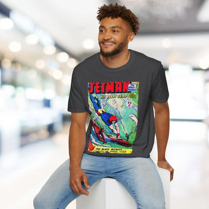 Close-up of the Jetman No.3 unisex softstyle T-shirt’s relaxed-fit fabric in navy, highlighting smooth texture and subtle