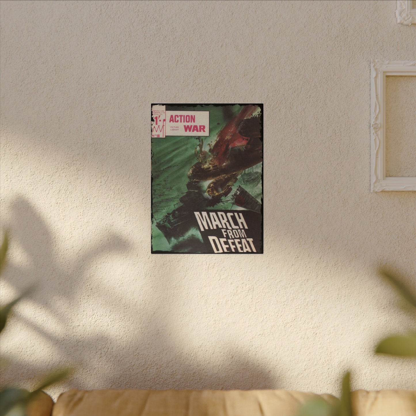 Close-up of the canvas texture highlighting detailed brushstrokes and vibrant color blending of Action War #18 artwork.