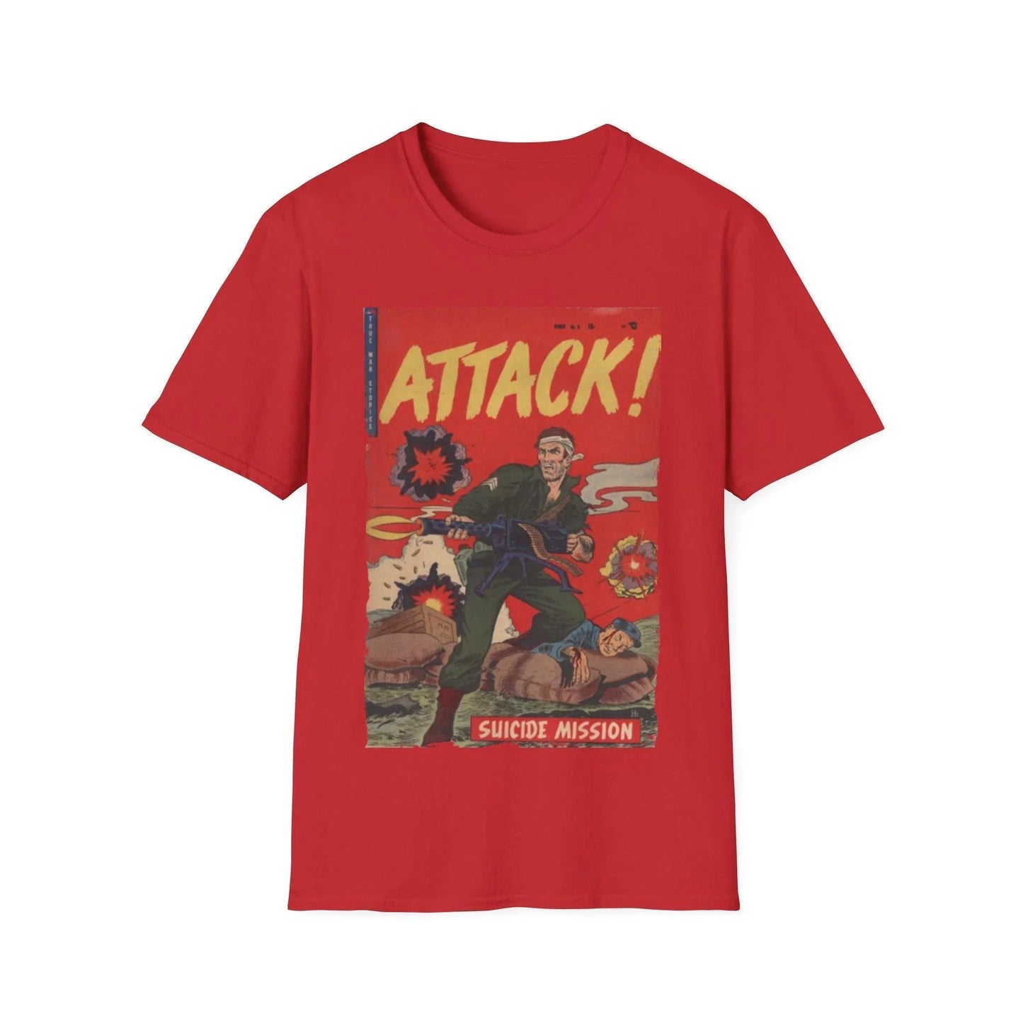 Front neckline detail showing reinforced stitching and vibrant teal color on the Attack! No. 6 unisex softstyle T-shirt