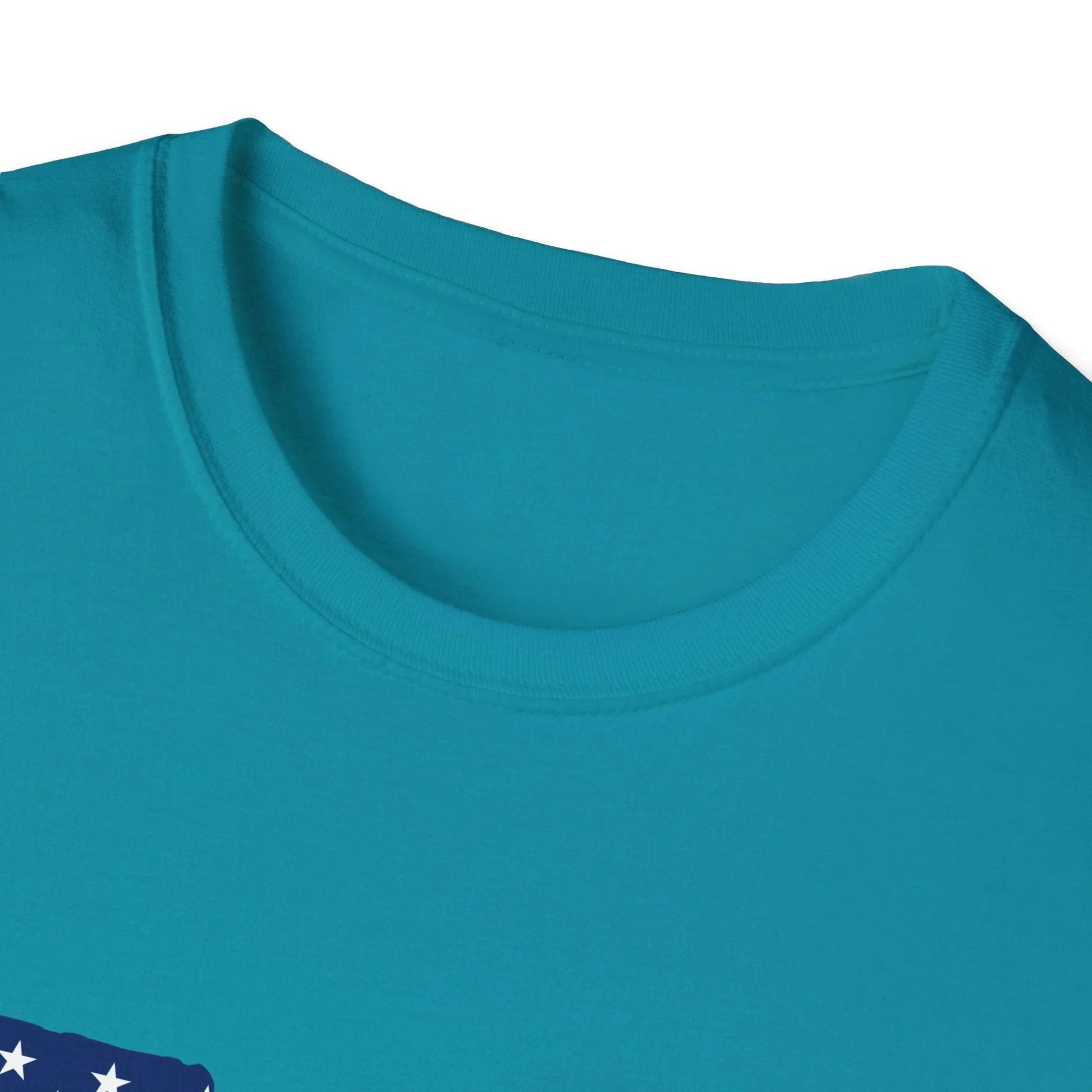 Close-up of the unisex softstyle T-shirt's chest graphic featuring vibrant American flags and guns design on creamy white