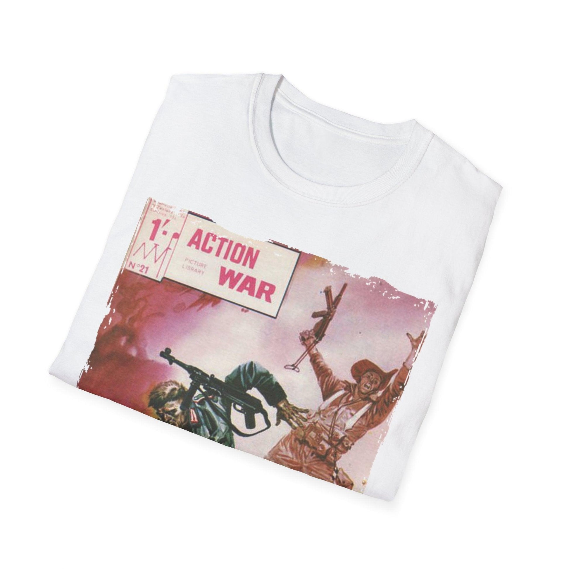 Close-up of the unisex softstyle T-shirt neckline showcasing smooth cotton fabric and double-stitched collar detail from a