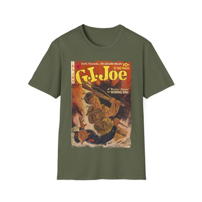 Close-up of the G.I. Joe No.14 softstyle T-shirt’s front neckline tag and subtle stitching detail in classic navy color