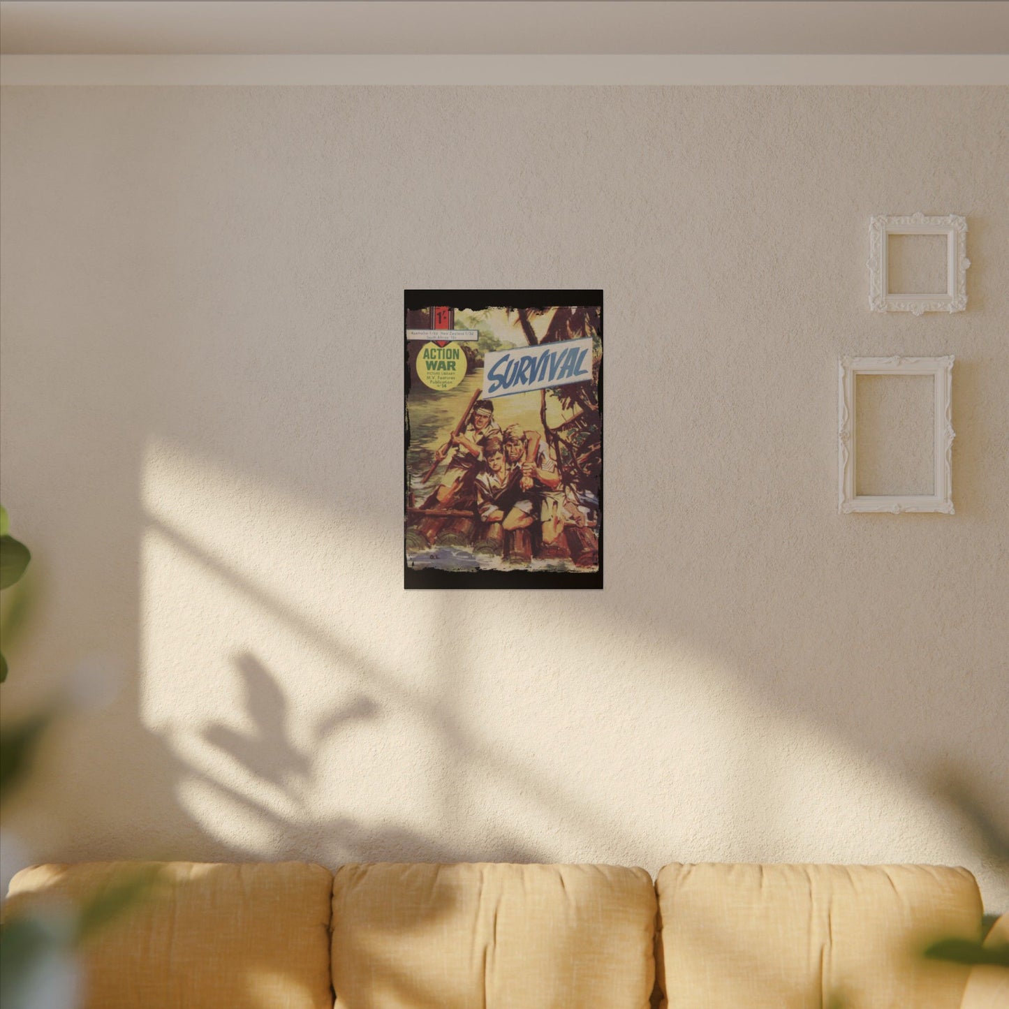 Close-up of the vintage "Action War #14" comic on canvas, highlighting bold red and blue cover details and textured print