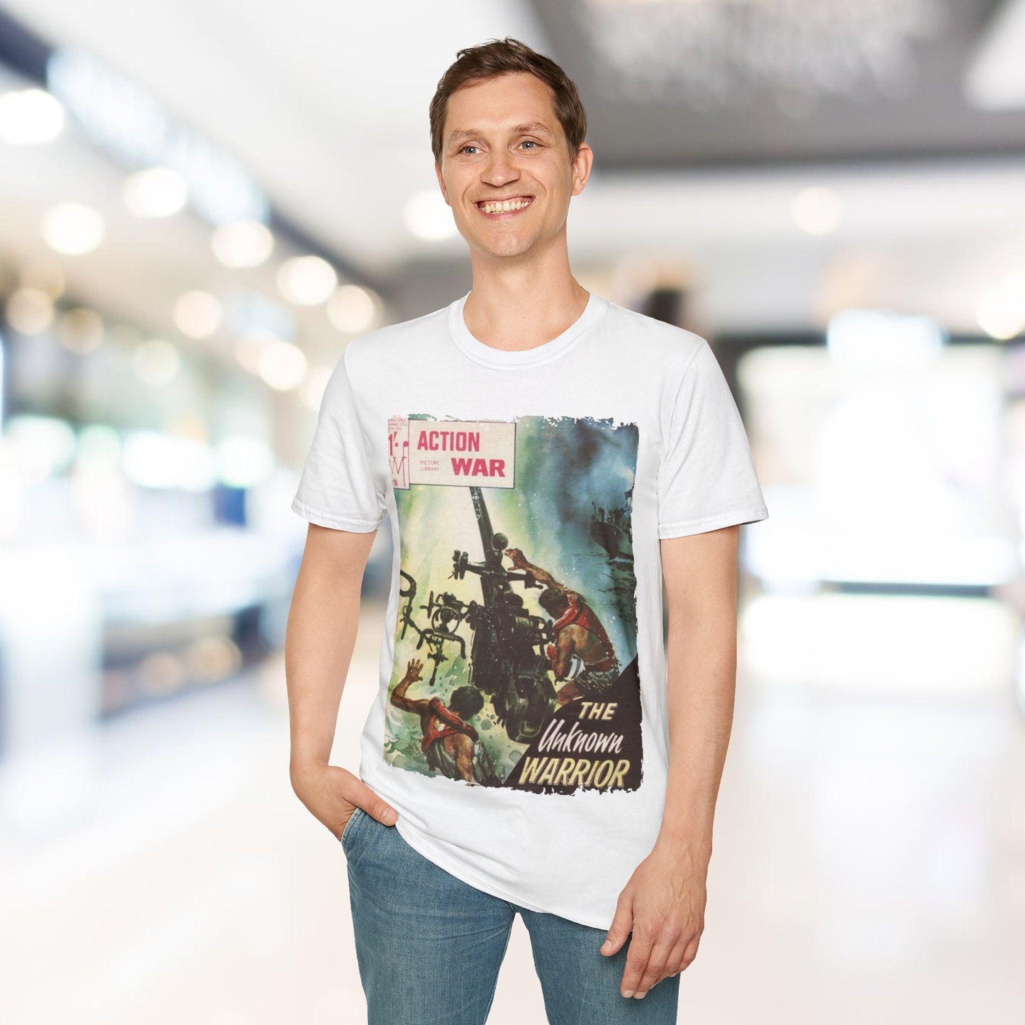 Close-up of the soft heather gray fabric highlighting the slim fit and subtle texture of the unisex T-shirt's neckline and