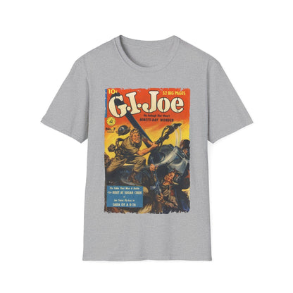 Close-up of the G.I. Joe No.7 unisex softstyle T-shirt collar displaying the ribbed neckline and subtle fabric texture in