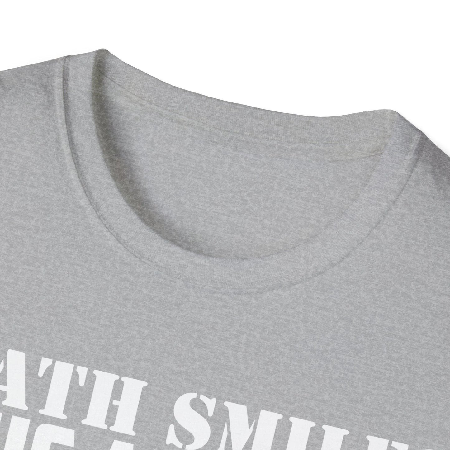 Close-up of the Death Smiles T-shirt’s soft, heather gray fabric showcasing the smooth, fitted crew neckline and subtle