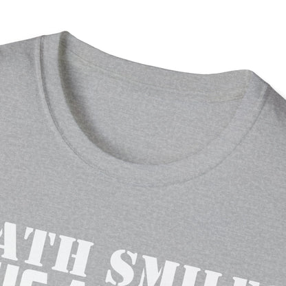 Close-up of the Death Smiles T-shirt’s soft, heather gray fabric showcasing the smooth, fitted crew neckline and subtle