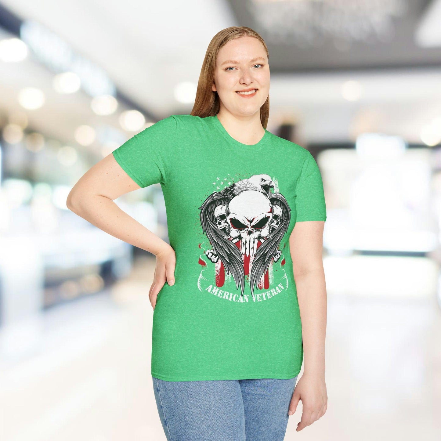 Close-up of the American Veteran T-shirt's soft, heathered fabric showcasing relaxed fit and subtle ribbed neckline detail