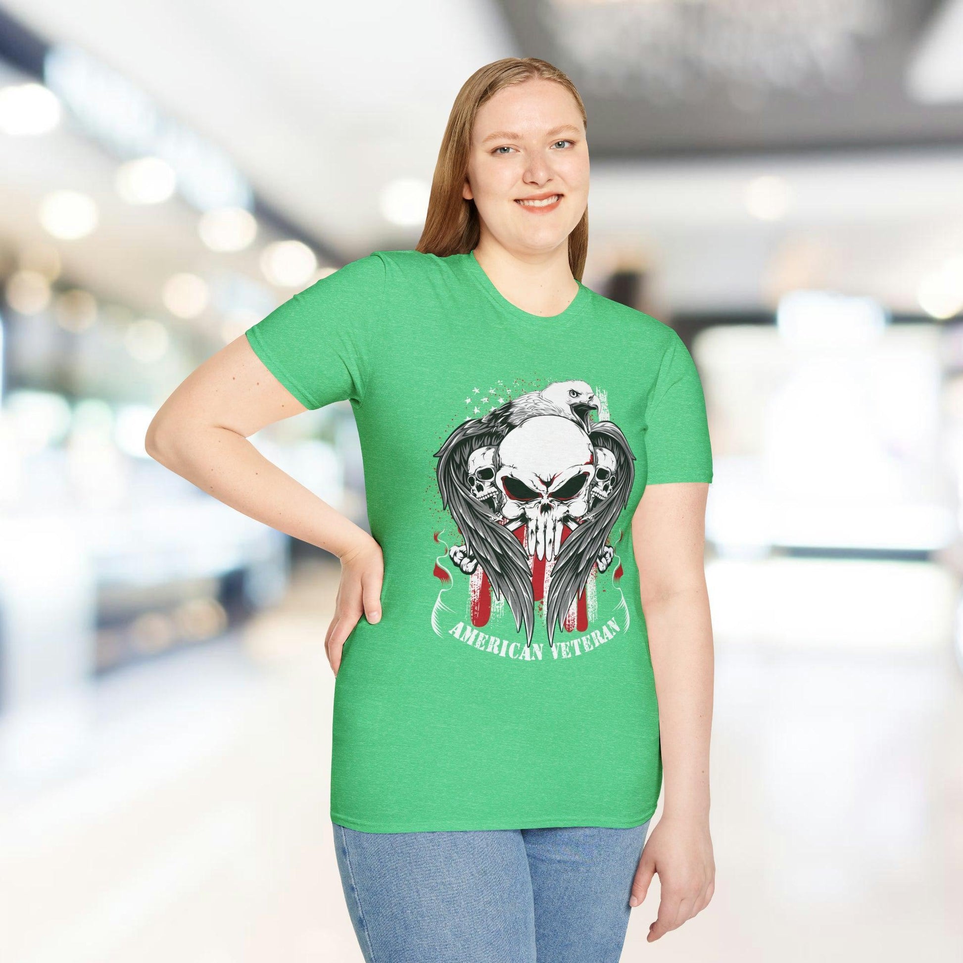 Close-up of the American Veteran T-shirt's soft, heathered fabric showcasing relaxed fit and subtle ribbed neckline detail