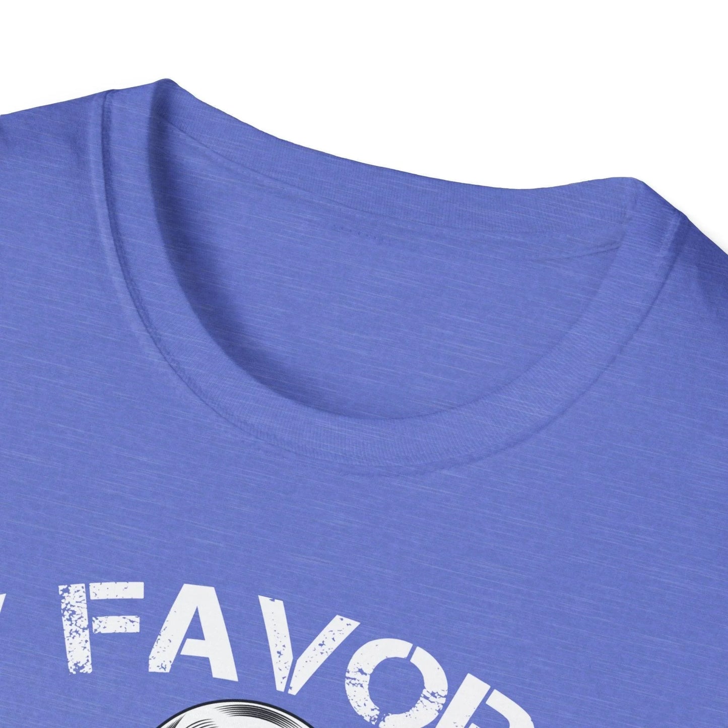 Close-up of the unisex fit label on navy Favorite Veteran Papa T-Shirt showing fabric blend and size detail