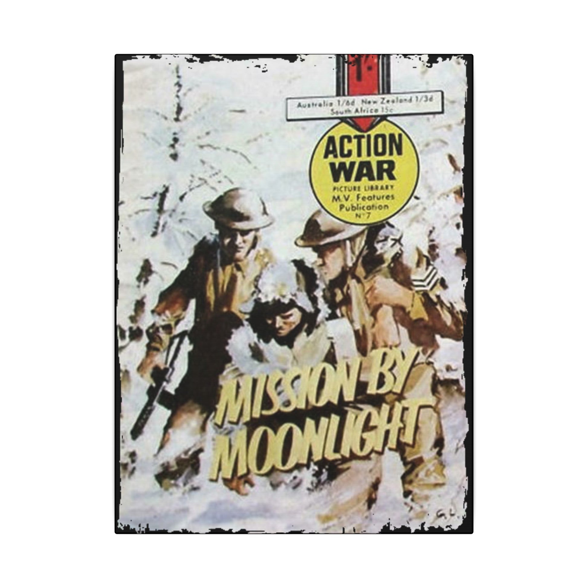 Close-up of the "Action War #7" canvas edge showing textured print detail and vibrant color contrast along the canvas border.