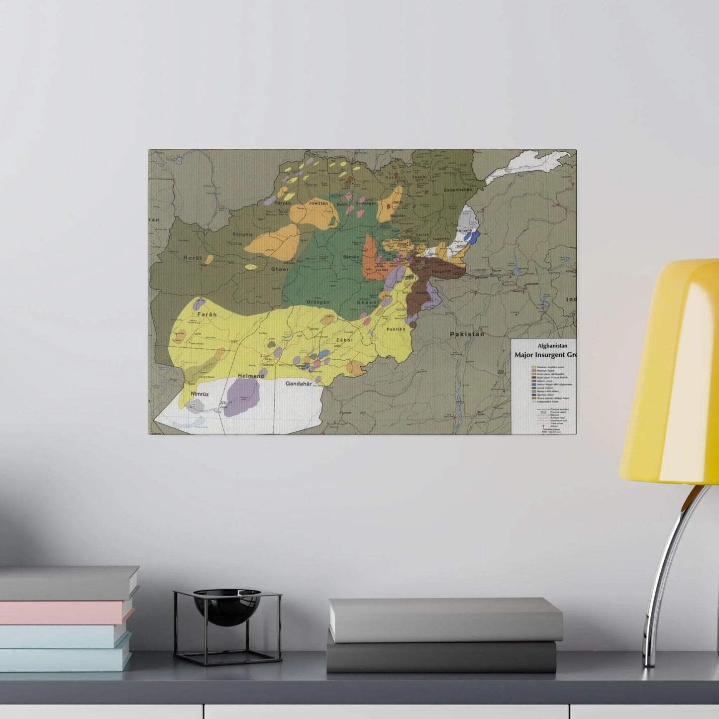 Close-up of detailed canvas texture highlighting subtle brushwork and faded colors of the 1985 CIA insurgent groups map.