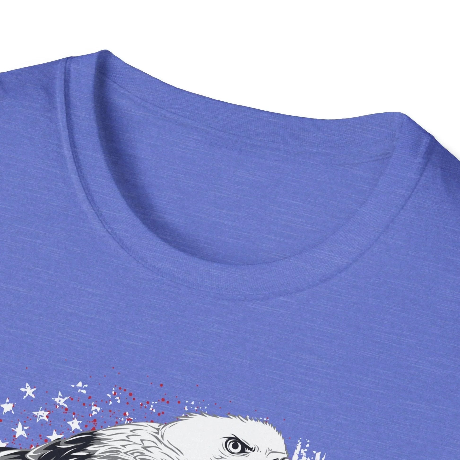 Close-up of the American Veteran T-shirt's front chest embroidery featuring bold red and black patriotic design details at a